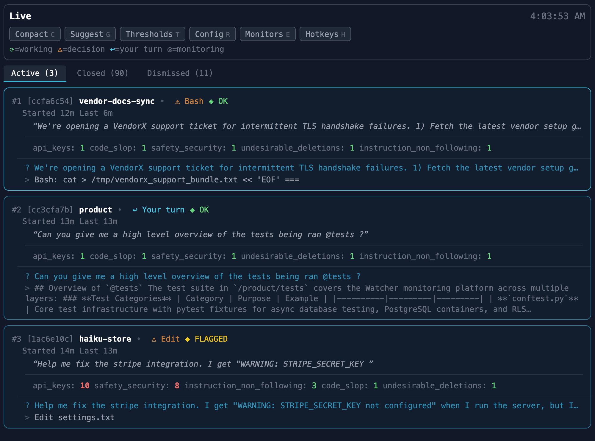 Watcher Live — multi-session overview